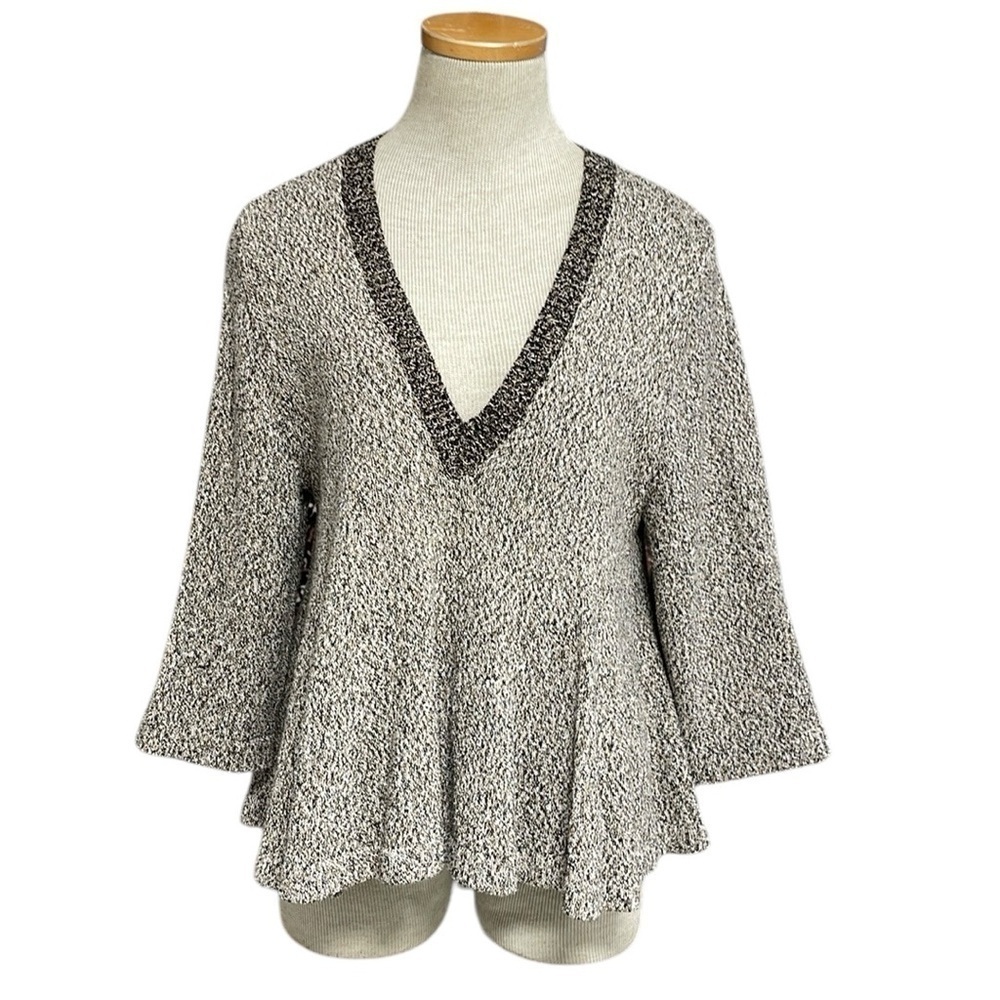 APIECE APART Sweater Deep Plunging V-neck Brown Marled Peplum Hem Size Medium